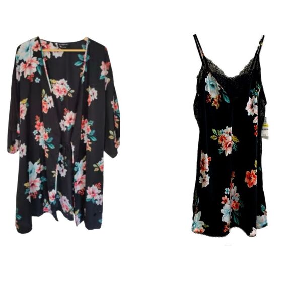 INTERNATIONAL CONCEPTS INTIMATES Nightgown Robe Set Women’s M Black Floral Pink. - Picture 1 of 16